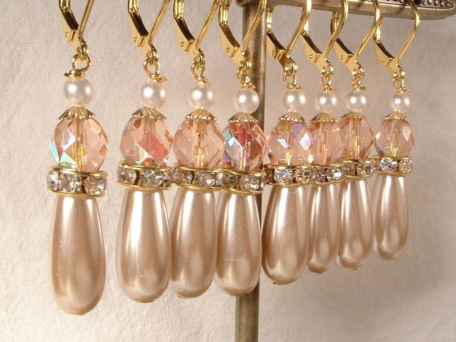 Hochzeit - Gold Blush Bridesmaid Earrings, Vintage Pink Crystal, Champagne Pearl & Rhinestone Bridal Dangle Earrings, Dusty Pink Bridesmaids Gifts