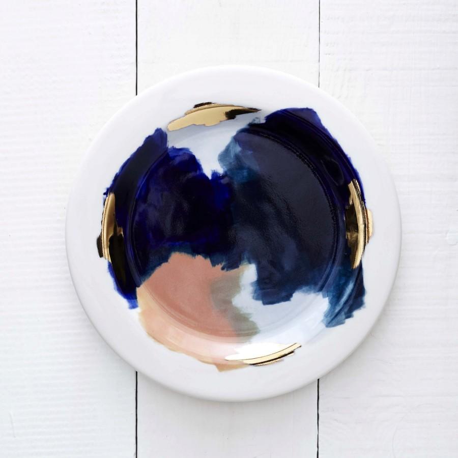 Свадьба - Glacier Hand Painted Porcelain Dessert Plate with 14K Gold Luster, Peach, Pink, and Navy Blue // Perfect for an Organic, Modern Kitchen