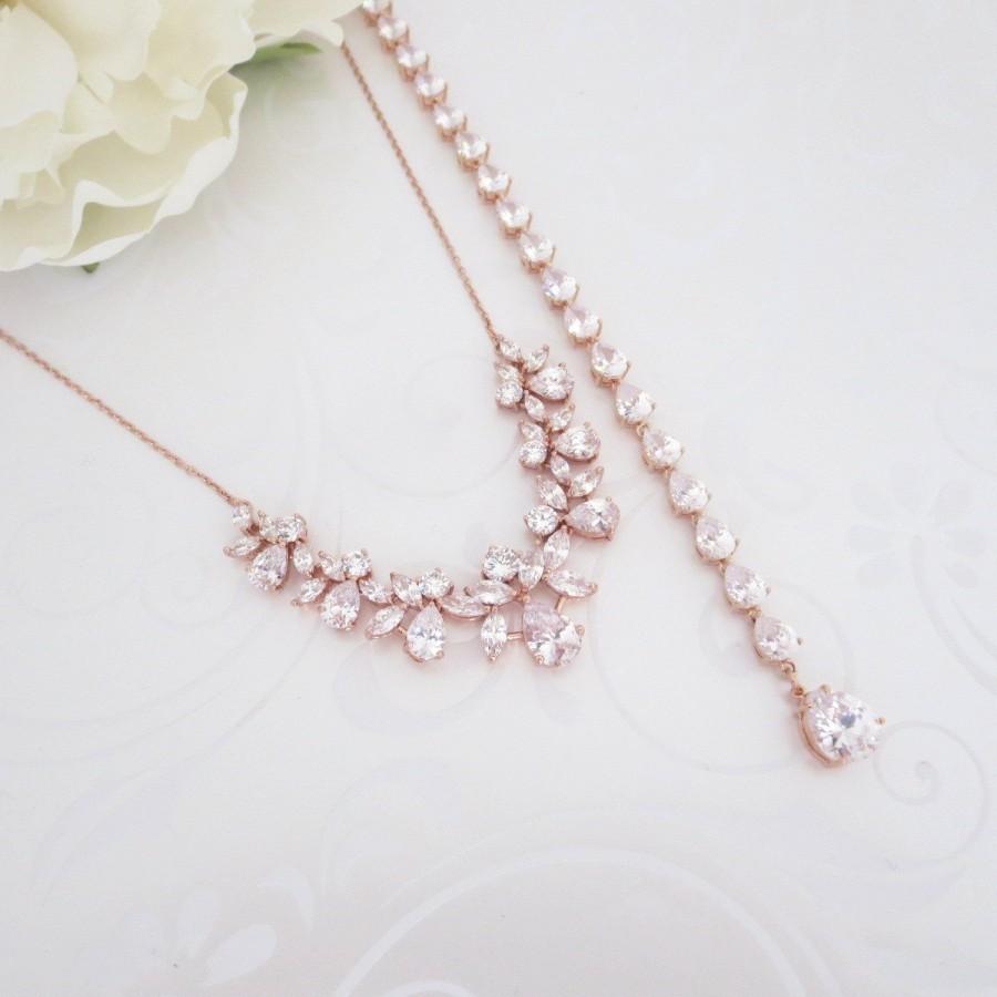 Hochzeit - Rose Gold Backdrop necklace, Wedding Back necklace, Rose Gold Bridal necklace set, Wedding jewelry set, Teardrop necklace, Crystal earrings
