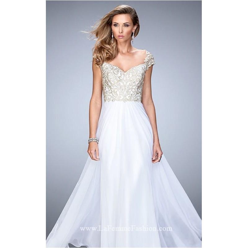 Hochzeit - White/Gold Metallic Lace Appliqued Chiffon Gown by La Femme - Color Your Classy Wardrobe