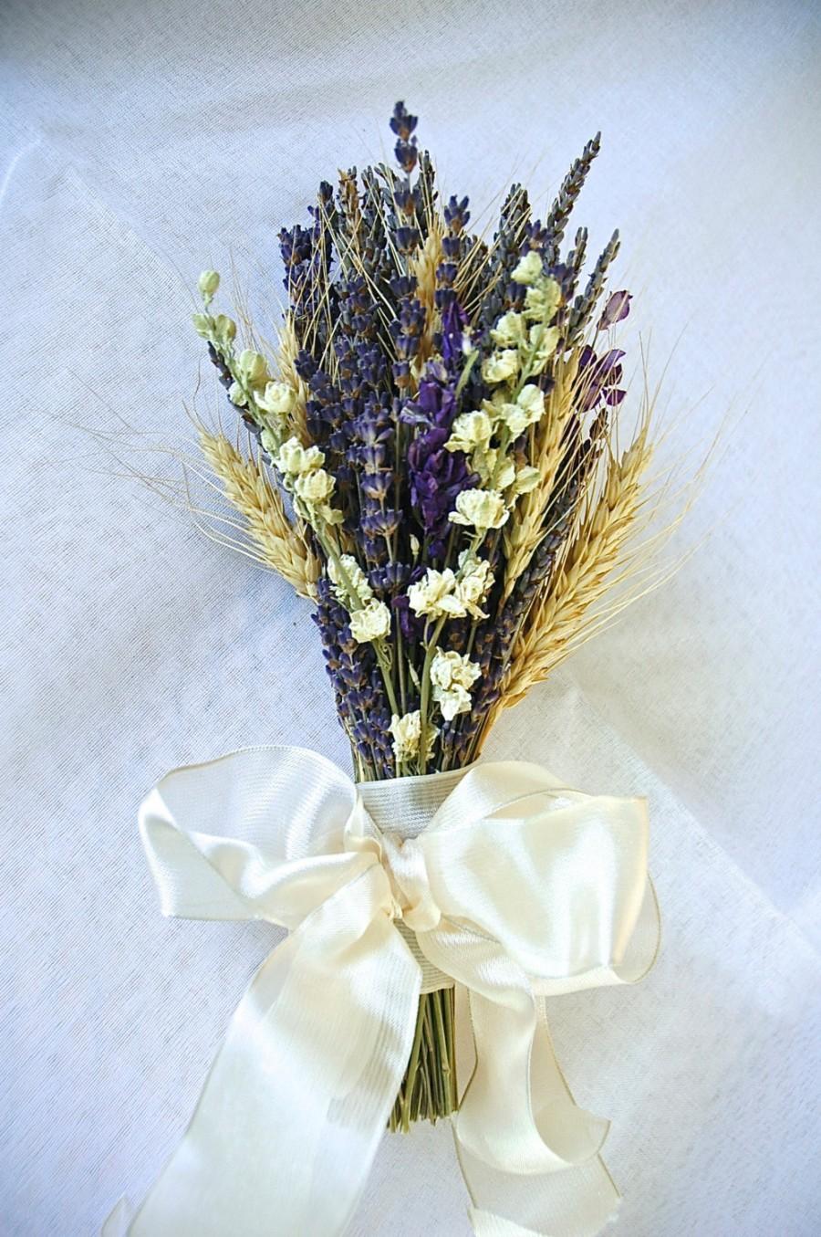 Wedding - Bridesmaid or Flower Girl Bouquet of Ivory and Blue Violet Larkspur, Lavender, and Wheat in Ivory and Blue