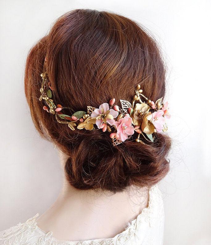 زفاف - floral hair comb, floral hair piece, bridal hair vine, pink and gold headpiece, floral hair vine, bridal hair comb, pink bridal headpiece