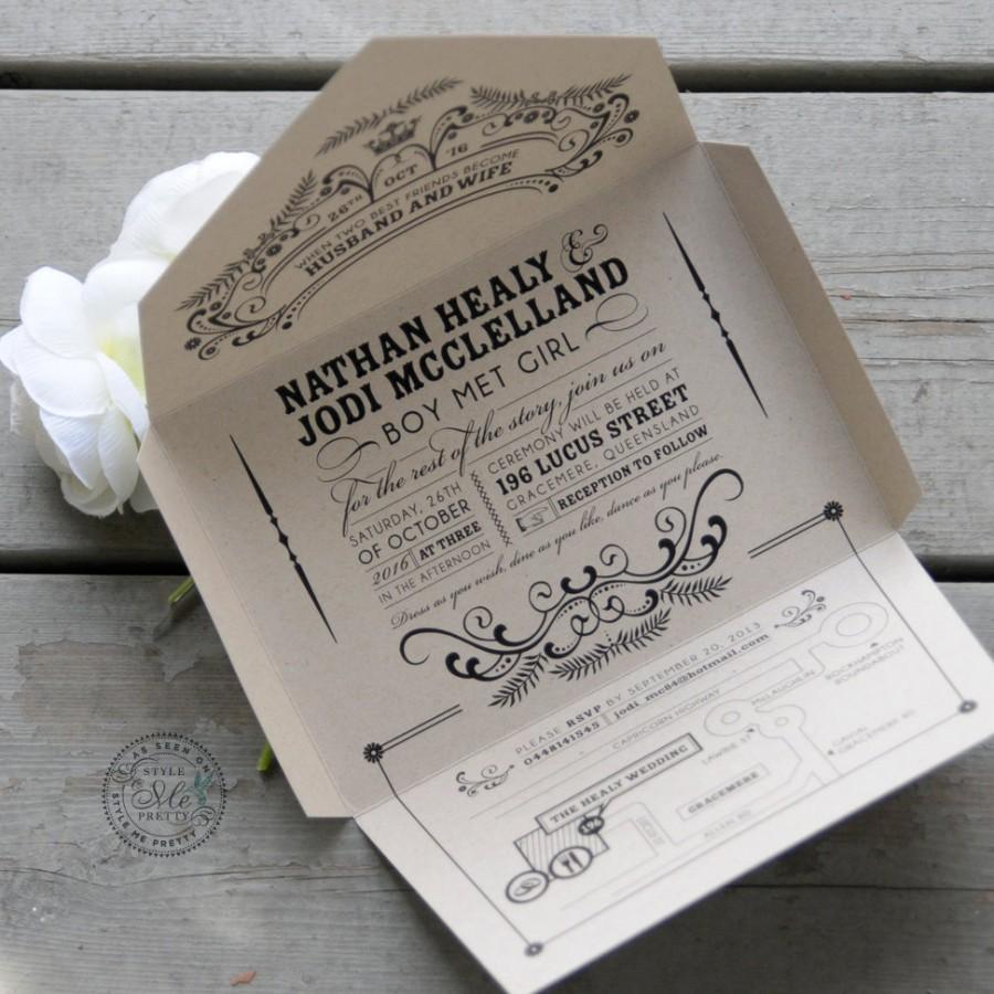 Mariage - Self-mailing kraft wedding invitation: Open Me Softly / Earth-friendly, seal and send / Quirky & whimscial, vintage chic [DEPOSIT]