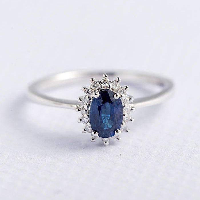 Hochzeit - Traditional Sapphire Engagement Ring Oval Cut Sapphire Ring White Gold Halo Diamond Micro Pave Ring Anniversary Ring September Birthstone