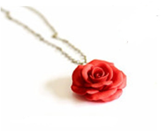 Wedding - Red Rose Necklace - Rose Pendant, Rose Charm, Valentine, Love Necklace, Bridesmaid Necklace, Flower Girl Jewelry, Red Bridesmaid Jewelry