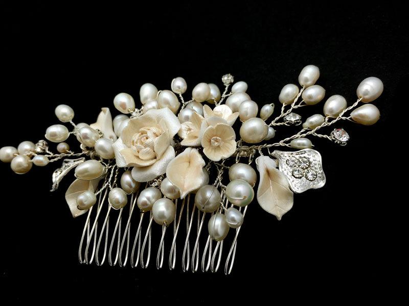 Hochzeit - Elegant Vintage inspired ivory Porcelain Flower & Leave, Metal Flower, Rhinestone, Crystal and Fresh Water Pearl Comb