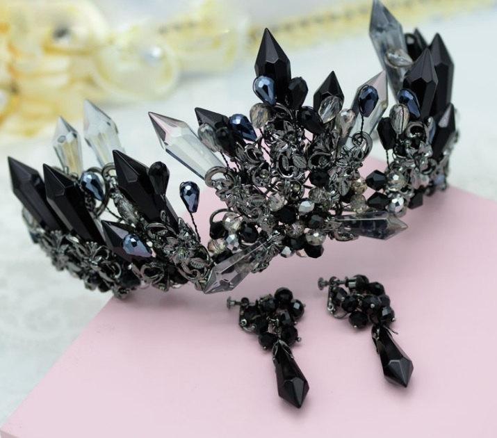 Wedding - Handmade Luxury Black Baroque Style Bridal Crystal Crown Tiara