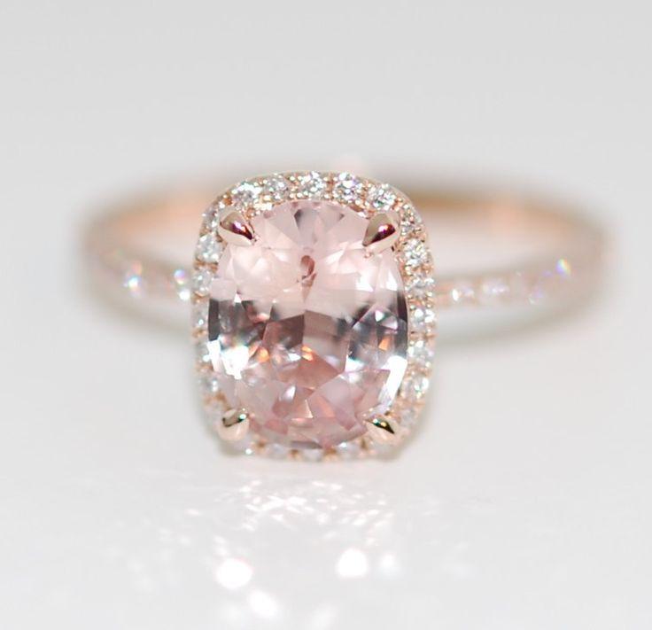 زفاف - Peach Champagne Sapphire Ring 14k Rose Gold Diamond Engagement Ring 1.8ct Cushion Ice Peach Sapphire