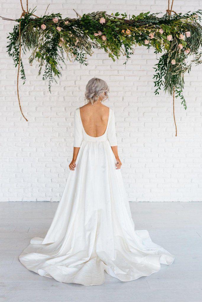 زفاف - Modern Simple Long Sleeve A-Line Satin Wedding Dress With Open Back-ET_711539