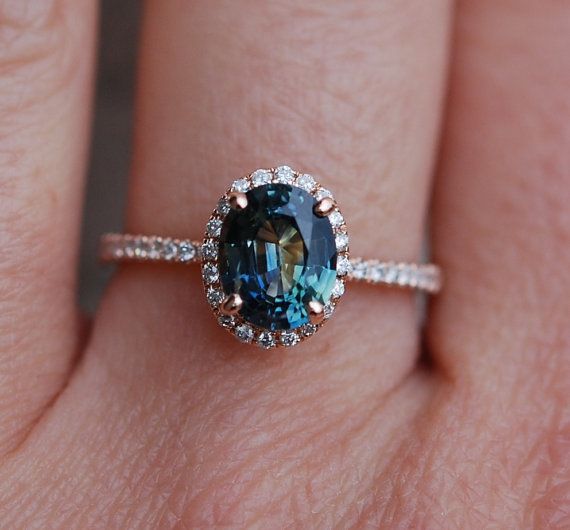 Свадьба - Green Sapphire Engagement Ring. Peacock Green Sapphire 3.96ct Oval Halo Diamond Ring 14k Rose Gold. Engagenet Rings By Eidelprecious