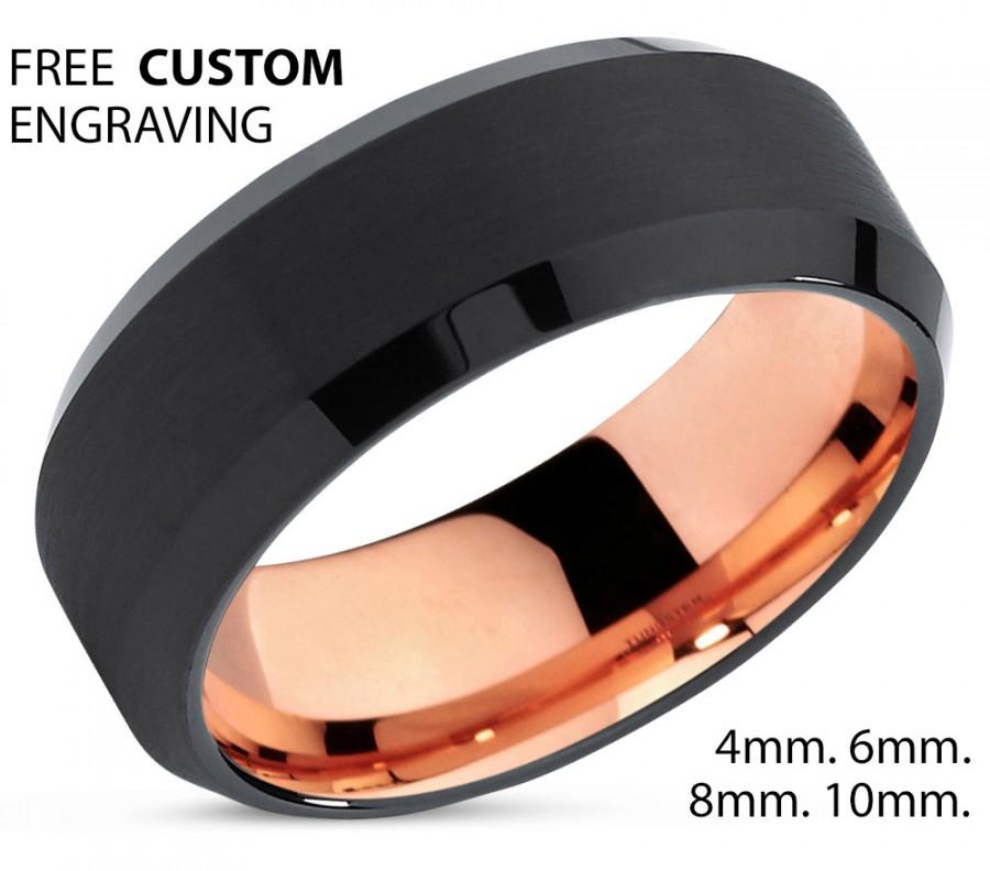 Hochzeit - Black Tungsten Ring Rose Gold Wedding Band Ring Tungsten Carbide 8mm 18K Tungsten Ring Man Wedding Band Male Women Anniversary Matching