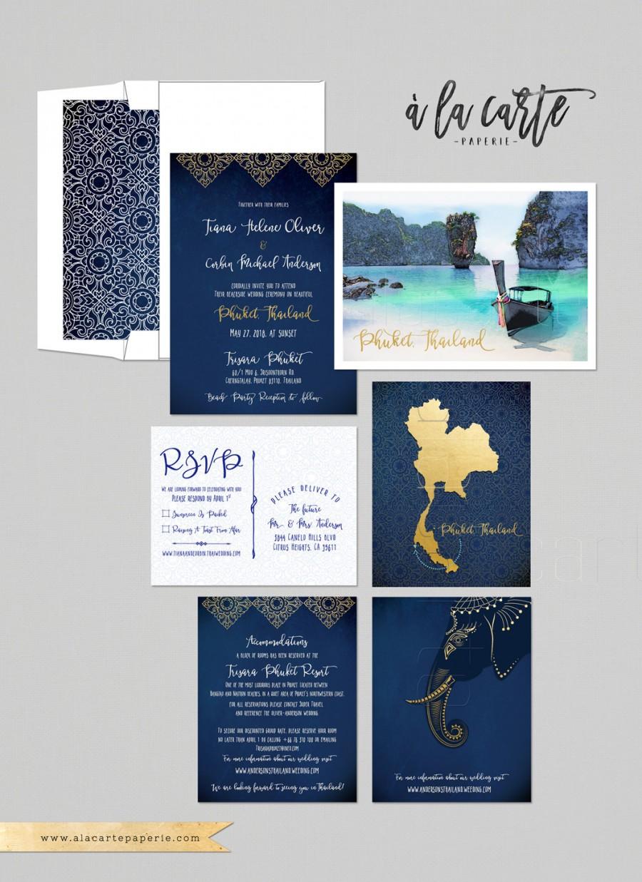 Mariage - Destination wedding invitation Thailand Phuket Asia Thai Wedding Blue Gold bilingual illustrated wedding invitation Deposit Payment