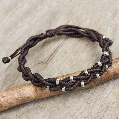 Wedding - Braided Macrame Bracelet in Espresso Brown with Silver 950, 'Brown Hill Tribe Bride'