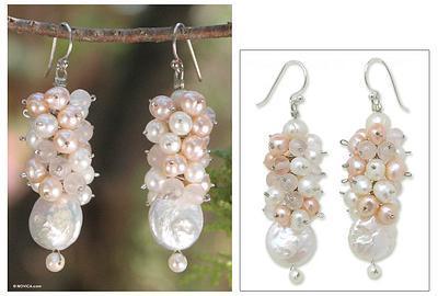 Mariage - Unique Bridal Pearl Dangle Earrings from Thailand, 'Clusters'