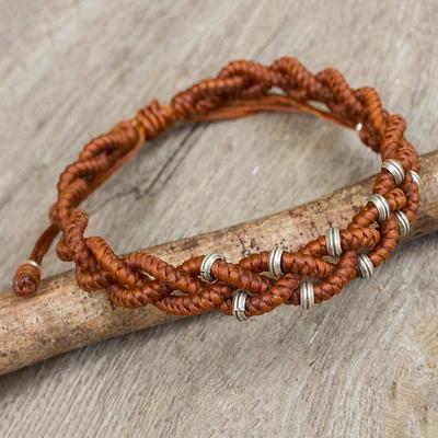 Wedding - Russet Brown Braided Macrame Bracelet with Silver, 'Russet Hill Tribe Bride'