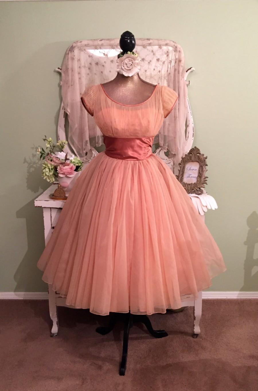 Mariage - Caramel Toffee 50s Prom Dress, Designer 1950s Dress, XS, Vintage Chiffon Dress, Rockabilly Dress, Emma Domb Dress, Princess Dress w Satin