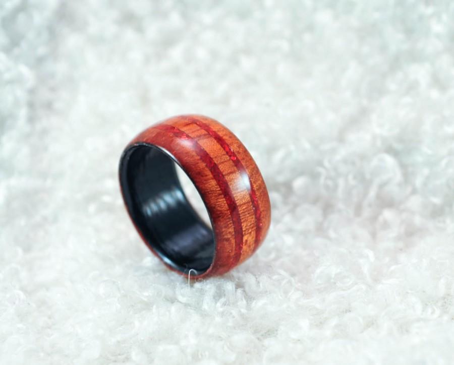 Wedding - Size 10.25 - Wood Ring - Bloodwood, Red German Glass 