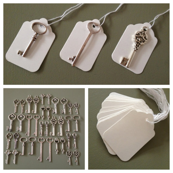 Mariage - Keys to Happiness - 100 Antique Silver Skeleton Keys & 100 White Tags - Wedding Skeleton Keys, Favor Escort Card Vintage Keys Wedding Favors