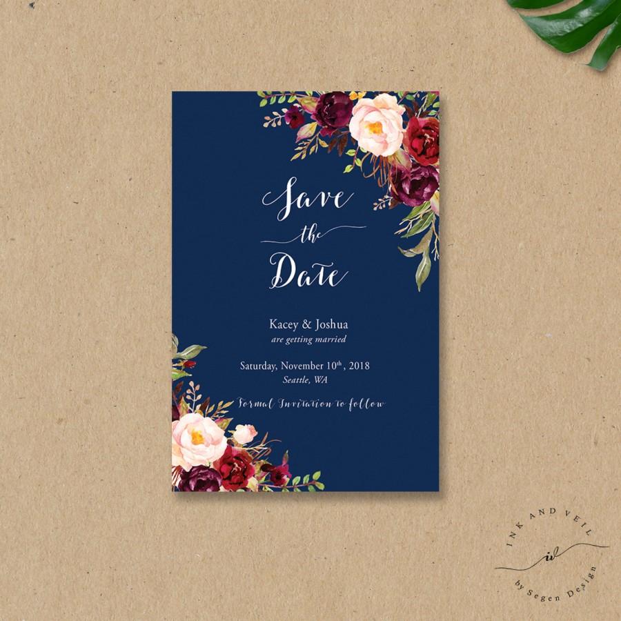 Wedding - Bohemian Save The Date card, Fall Wedding Save the Dates, Wedding Announcement, Marsala Burgundy Navy Blush, Photo Save the Date - Kacey