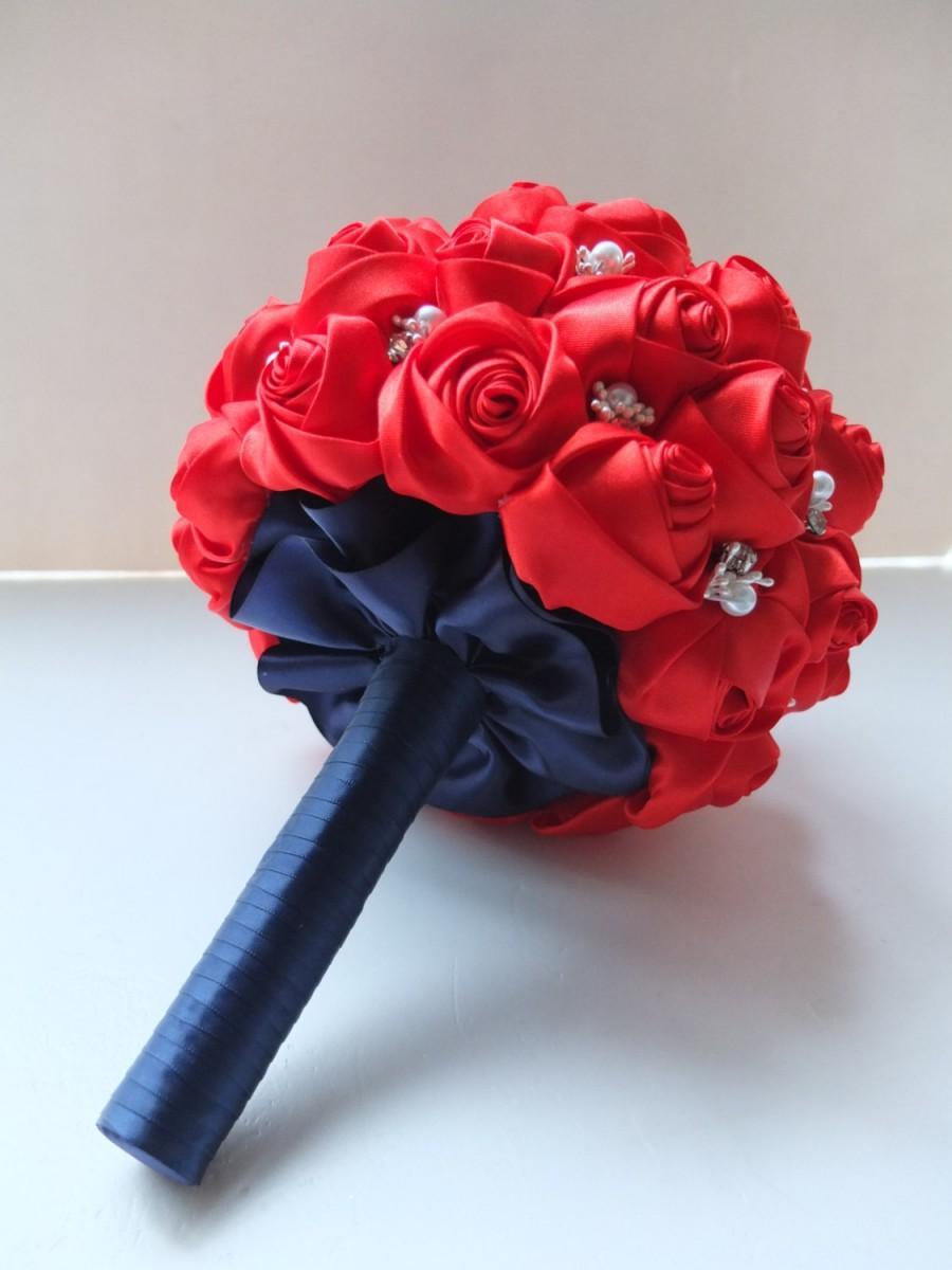 Wedding - Handmade Satin Rose Bouquet- All Red Satin Rose accented with rhinestone (Large, 8 inch)