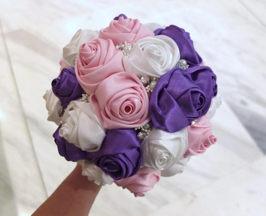 زفاف - Satin Rose Bouquet, Ribbon Rose Bouquet, Purple, Pink & Ivory Flower accented with rhinestone (Large, 8 inch)