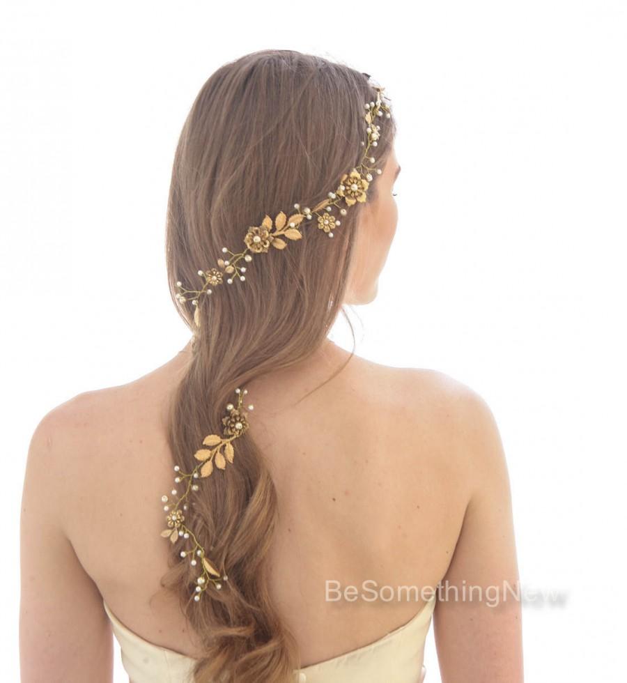 Wedding - Long Gold Wedding Hair Vine of Wired Pearls and Metal Flowers and Leaves Bridal Headpiece Gold Hair Wrap Hair Jewelry Metal Flower Tiara