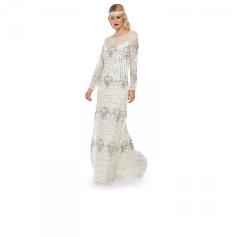 Wedding - PRE ORDER White Silver Wedding Gown Prom Maxi Dolores Dress with Sleeves 20s inspired Flapper Great Gatsby Art Deco Reception Beach Wedding