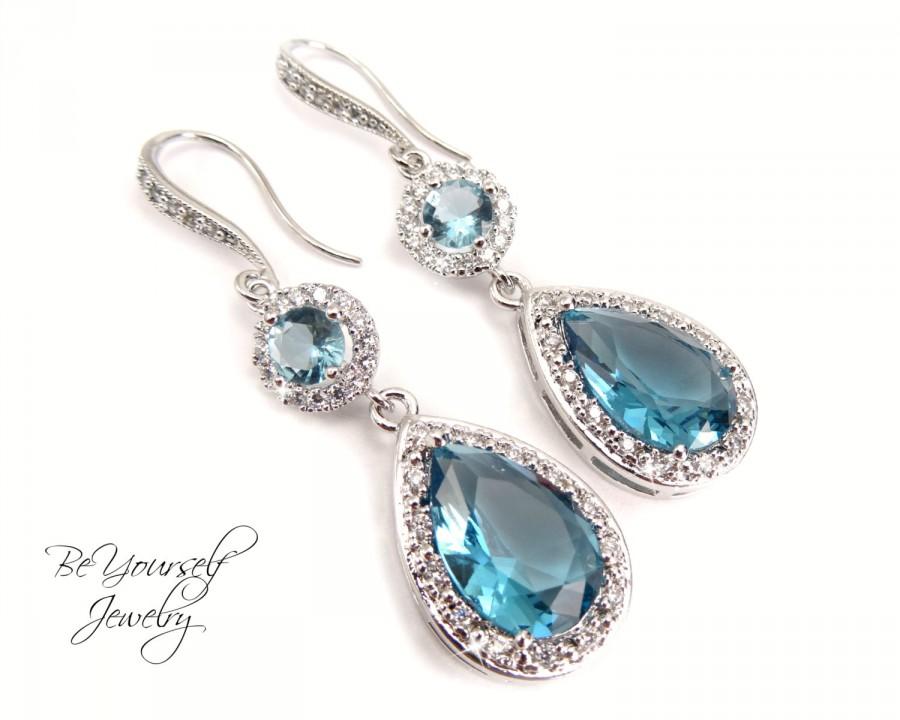Wedding - Aquamarine Bridal Earrings Soft Blue Teardrop Bride Earring Cubic Zirconia Bridesmaid Gift Aqua Wedding Jewelry White Crystal Something Blue