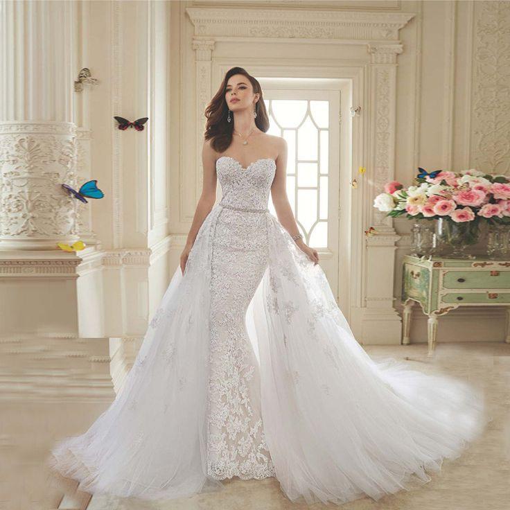 زفاف - Sexy Removable Long Train Lace Up Bridal Gown With Crystal Beading Sweetheart Tulle Lace Beach Wedding Dress