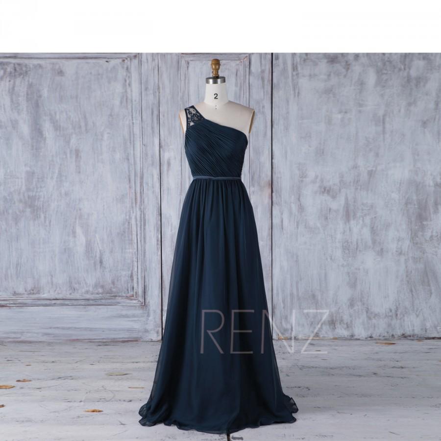 Mariage - 2017 Navy Blue Chiffon Bridesmaid Dress, Lace One Shoulder Wedding Dress, A Line Ball Gown, Ruched Bodice Evening Gown Full Length (H458)