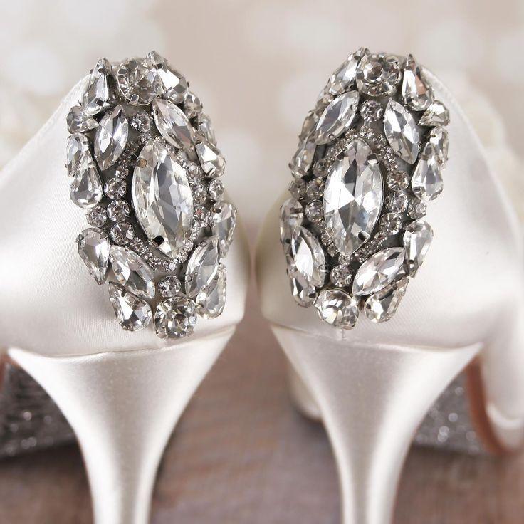 زفاف - Ivory Closed Toe Wedding Shoes With Chiffon Flower, Crystal Heel And Glittered Sole