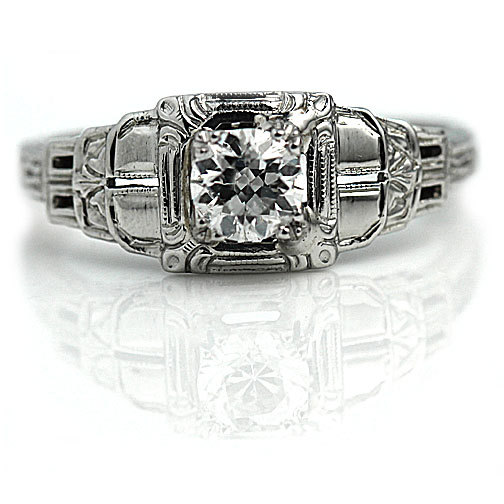 Wedding - Antique Engagement Ring .60ctw 18K White Gold Vintage Solitaire European Cut Diamond Wedding Ring Art Deco Engagement Ring Size 8!