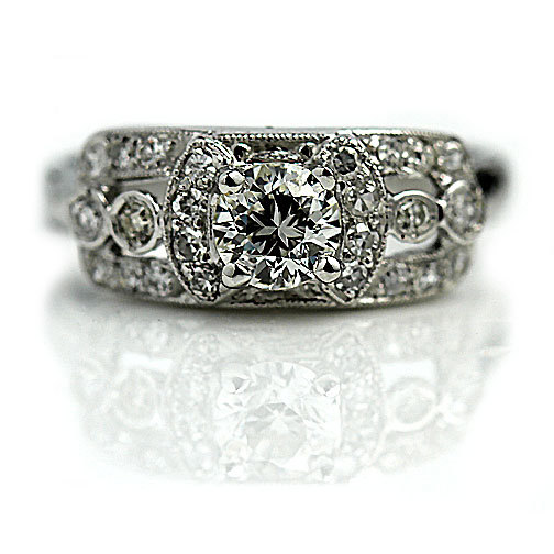 Wedding - Antique Engagement Ring 1930s Art Deco Ring .99ctw 14Kt WG Vintage European Cut Diamond Vintage Unique Engagement Ring Size 5 1/2!