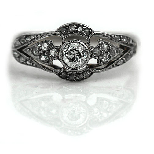 Mariage - Edwardian Engagement Ring Antique .43ctw Diamond Ring European Cut Rose Cut Diamond Ring Platinum 18k Yellow Gold Filigree Ring Size 5.5!