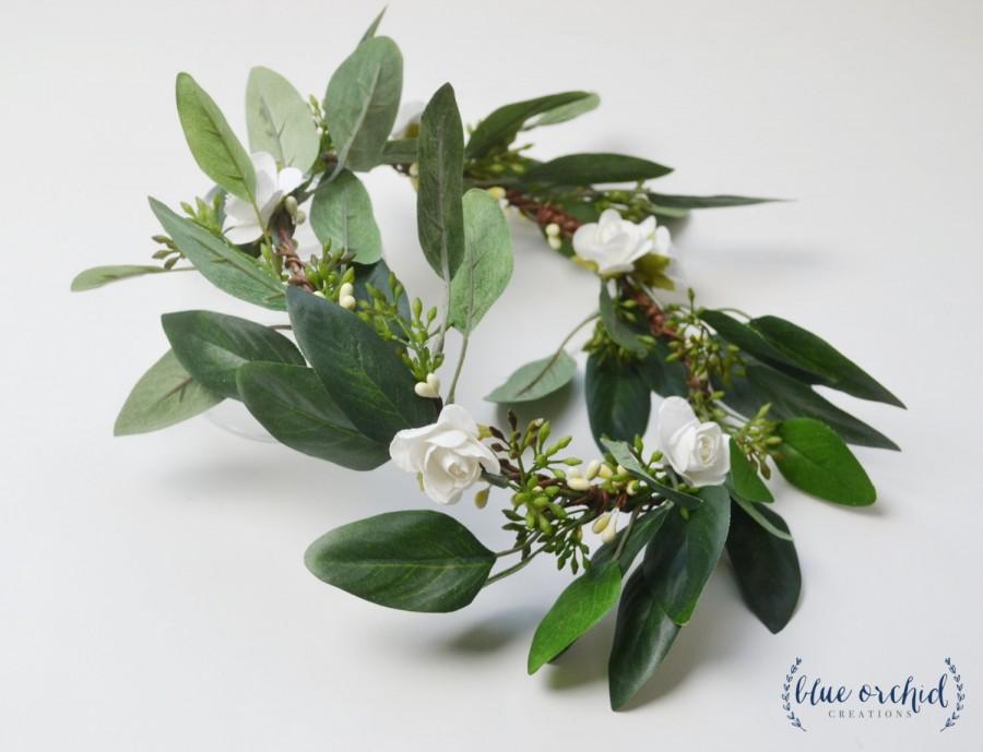 زفاف - Boho Flower Crown, Silk Flower Crown, Cream and Green, White, Green, Eucalyptus, Greenery, Green Flower Crown, Eucalyptus Crown, Floral