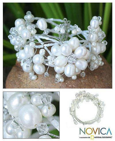 Wedding - Bridal Pearl Wristband Bracelet, 'Garland'