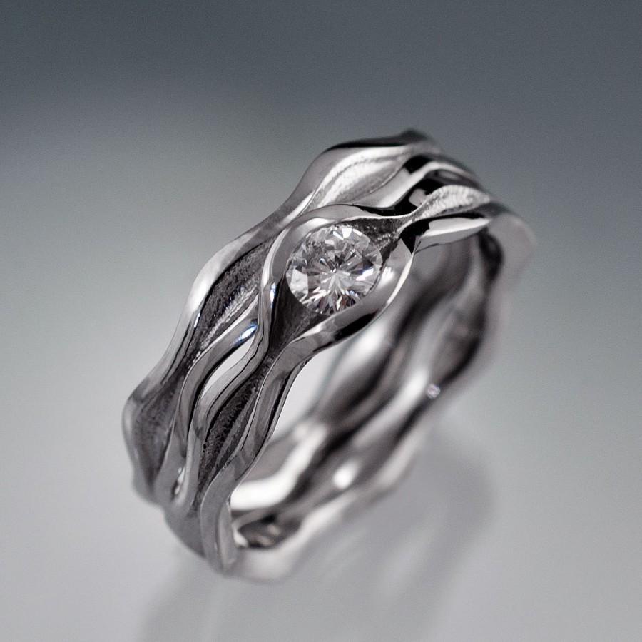 زفاف - Wave Diamond Ring Bridal Set, 4mm Round Quarter Carat Diamond Ring in Palladium, Yellow Gold, White Gold or Platinum