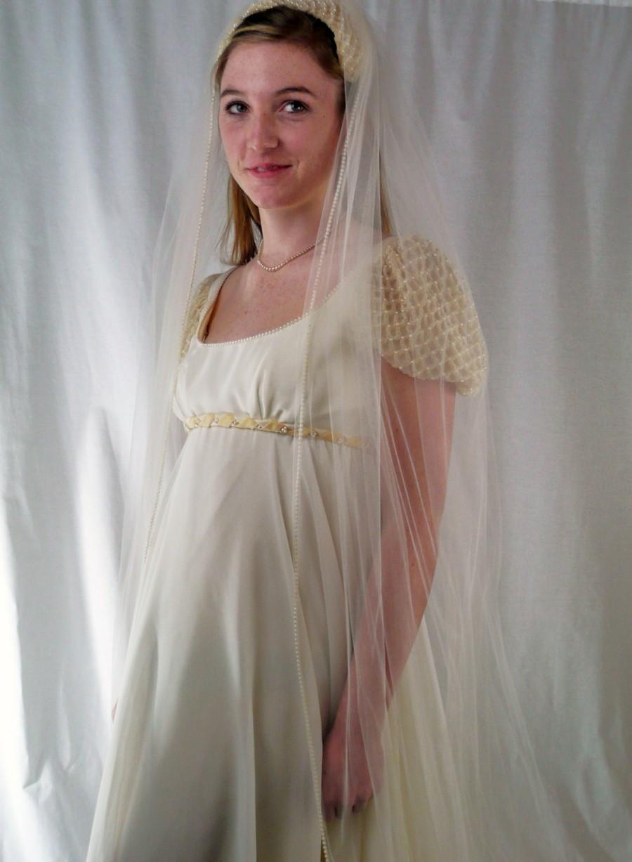 Mariage - Empire waist wedding gown and cathedral length veil 1960s Sue Gordon Bridal near mint condition pearls sheer two tone gorgeous and ethereal