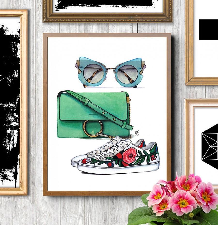 زفاف - Fashion accessories, Fashion illustration, Chloe bag, Gucci illustration, Gucci shoes, Miu Miu sunglasses, Fashion print, Fashion poster