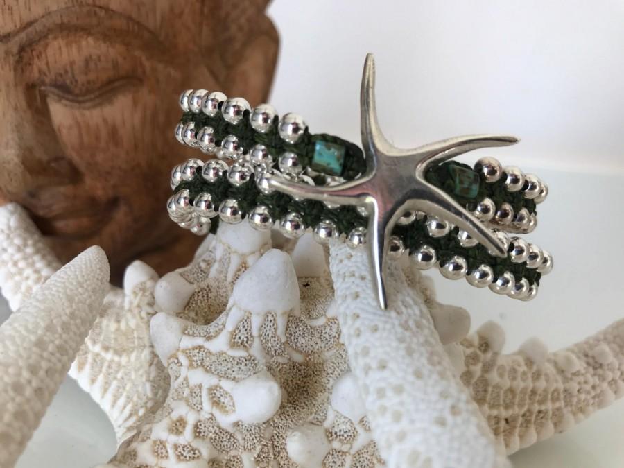 زفاف - Sterling silver Woven wrap bracelet with Sterling Handmade Starfish