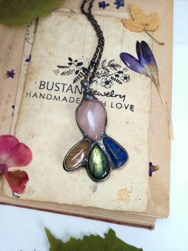 Wedding - Labradorite  Necklace,Rose Quartz Pendant, Artistic Necklace, Long necklace. Bohemian jewelry, Rustic necklace, Gift for her