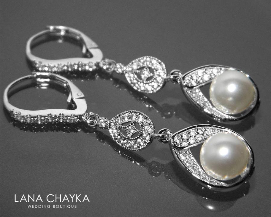 Hochzeit - Bridal Pearl CZ Chandelier Earrings Swarovski White Pearl Wedding Earrings Bridal Pearl Leverback Wedding Earrings Dangle Earrings - $35.00 USD