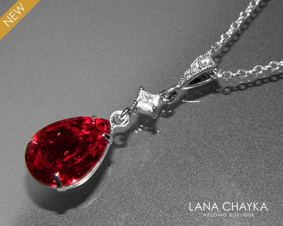 Hochzeit - Red Crystal Necklace Dark Red Rhinestone CZ Necklace Swarovski Siam Bridesmaid Silver Necklace Wedding Red Jewelry Teardrop Red Necklace - $26.50 USD