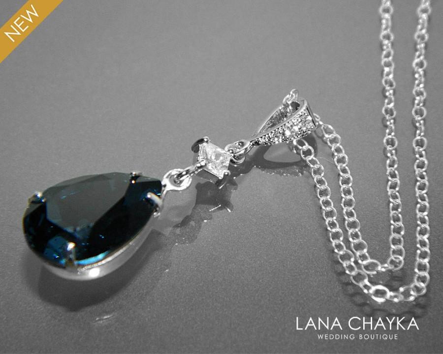Mariage - Navy Blue Crystal Necklace Dark Blue Rhinestone CZ Necklace Swarovski Montana Blue Teardrop Silver Necklace Wedding Jewelry Prom Jewelry - $26.50 USD