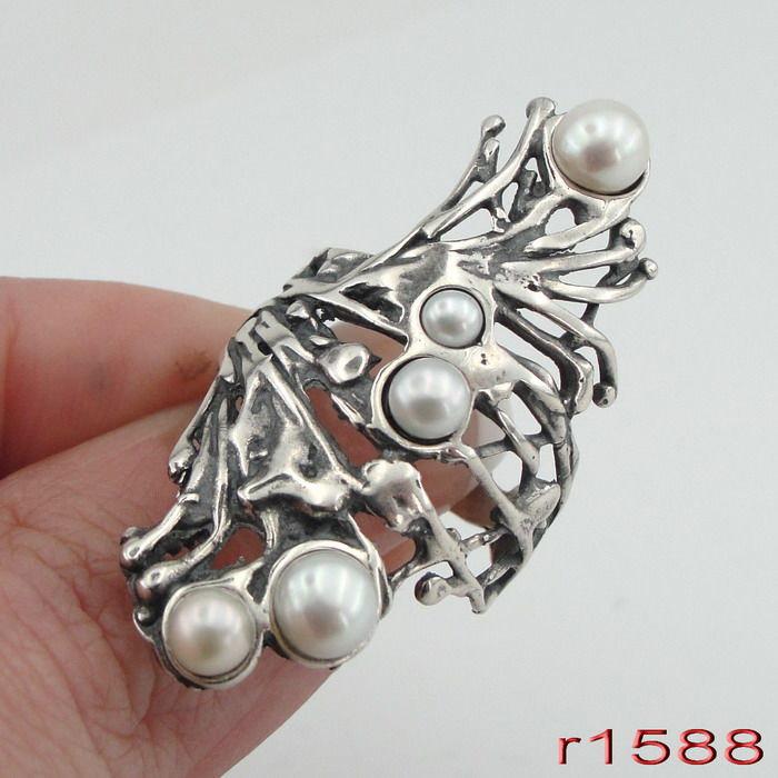 زفاف - New Woman handmade Long 925 Sterling Silver white pearl Ring size 8 (h 1588b