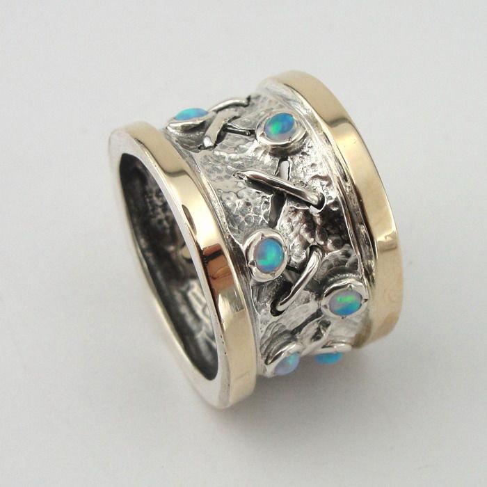 زفاف - 925 Silver Opal ring, Yellow gold ring, Handcrafted Sterling Silver and 9K Yellow Gold Opal ring, Unisex Opal band size 8, wedding (s r1660