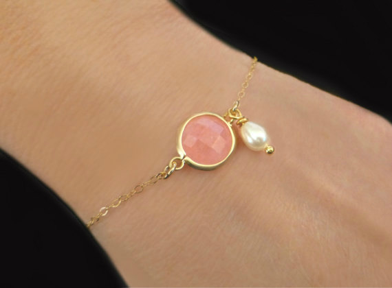 Hochzeit - Pink Coral Bracelet - Coral Bridesmaid Jewelry - Bridesmaid Bracelet Gift - Rose Quartz Bracelet - Pearl Bridal Jewelry -Gold Coral Bracelet