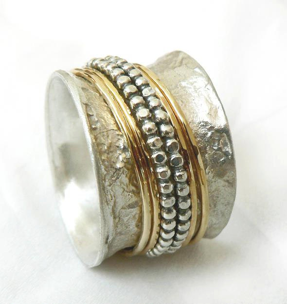 زفاف - Wide wedding ring, wide rotating ring with four yellow gold spinner hoops, two silver ball hoops, chunky, makes a statement, Ilan Amir