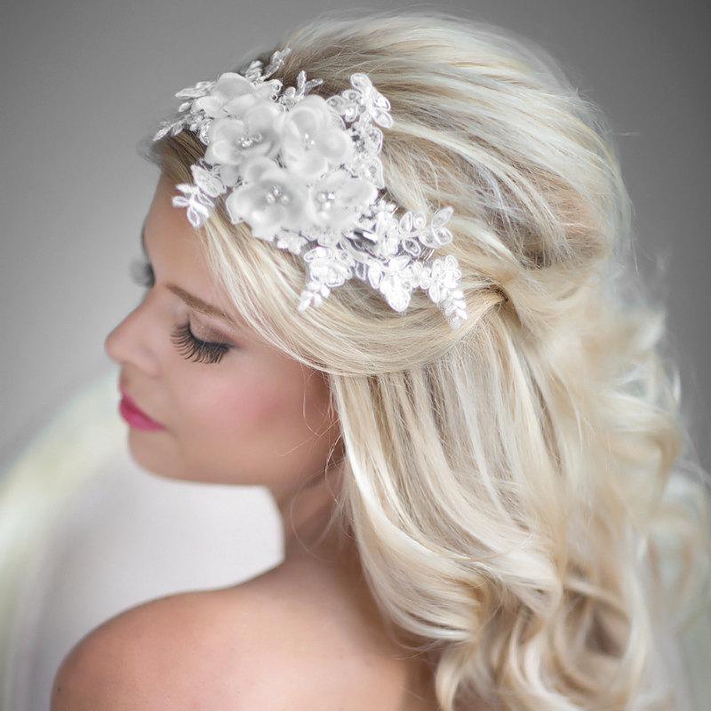 Hochzeit - Wedding Hair Accessory, Rhinestone Bridal Head Piece, Floral Lace Head Piece