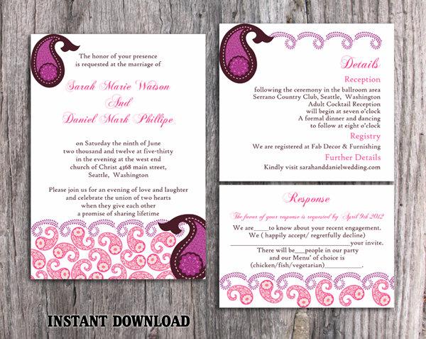 Wedding - Bollywood Wedding Invitation Template Download Printable Invitations Editable Purple Pink Invitations Indian invitation Paisley Invites DIY - $15.90 USD